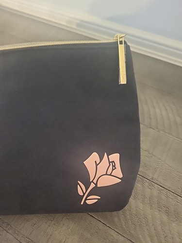 Lancome Black Velour Pink Rose Cosmetic Makeup Bag Gold Zipper 8.5"x6.5"x3.5" - Picture 5 of 6