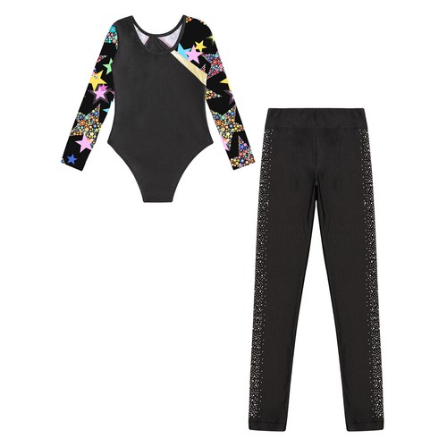 Kids Girls Leotard Figure Set Stage Outfit Mesh Pants Rhinestones Hoodie Suit - Picture 13 of 35