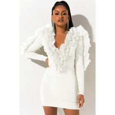 Deep V-Neck Cleavage Flounce Ruffle Bodycon Party Mini White Dress SIZE M NEW
