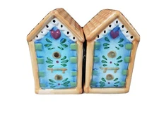 2pc Ceramic Bird House Cottage Salt And Pepper Shakers 4"