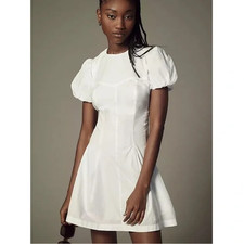 Anthropologie Maeve Puff-Sleeve Pleated Solid White Dress Size Medium Wedding