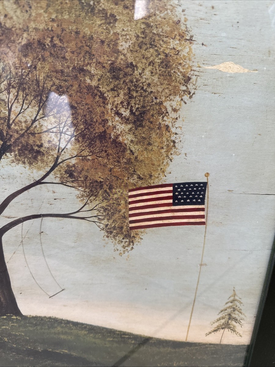 Warren Kimble House With Flag Green Wood Framed Print American