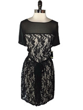 NEW JULIAN TAYLOR Plus Sz 18W A-Line Dress Black Lace Beige Lining Short Sleeve