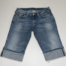 True Religion Girls Joey Rainbow Embroidered Bermudas Cuff Jean Shorts, Size 28