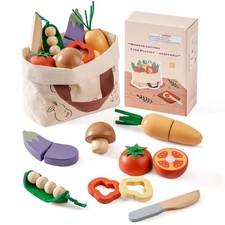 Wooden Play Food Cutting Vegetable Set, Pretend Play Toy Food for Play Kitche...