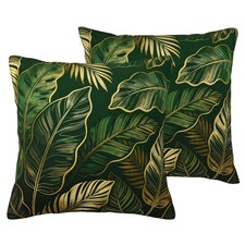 Green Gold Leaves Throw Pillow Covers 18x18 Set of 2 Palm Tree Leaf Decorativ...