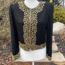 VTG Laurence Kazar 80 s Beaded Silk Evening Jacket Size PP Black And Gold