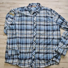Simms Brrr Performance Fishing Button Up Shirt Mens 2XL Plaid Blue Beer Logo