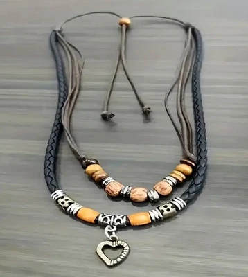 Modeschmuck Kette Halskette 2-reihig Ethno-Stil, Herz Anhänger, bis 85 cm - Bild 1 von 4