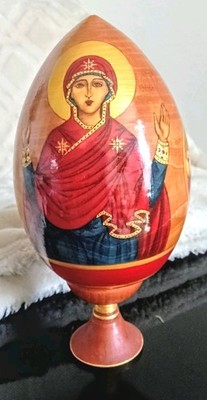 Vntg Signed By Artist Russian Orthodox 7''  Wooden  Easter Egg ''Madonna''  RARE