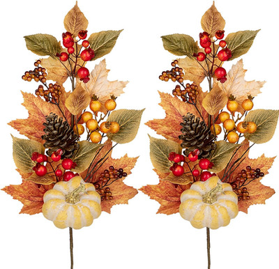 2PCS Artificial Fall Branches Fake Pumpkin Pine Cone Maple Beech Leaves with Red