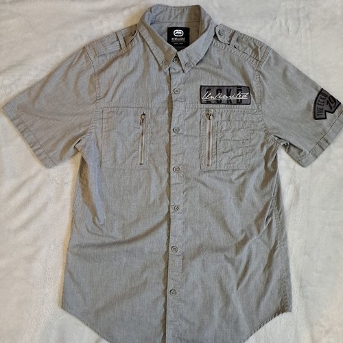 Ecko Unltd Short Sleeves Shirt Small Gray Logo Patches Safari Y2k