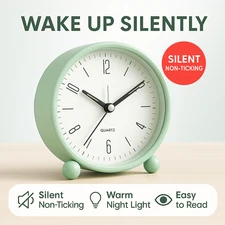 Analog Alarm Clock Silent Non Ticking 4 Inch Small Bedside Battery Operated Mint