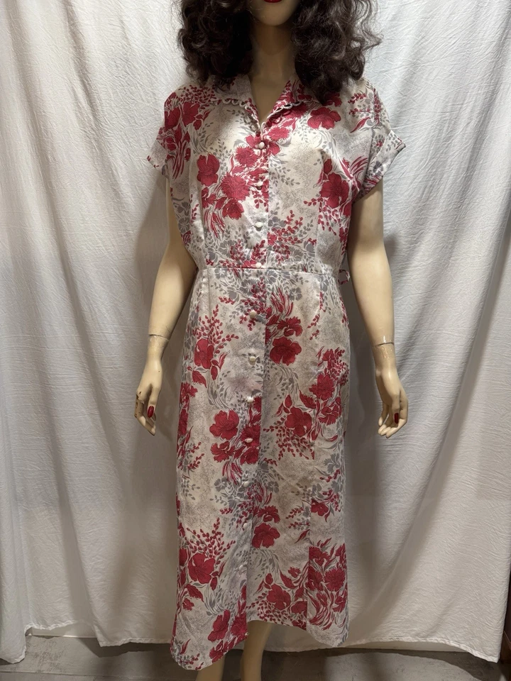 Vestido Vintage Años 40-50 Coral Nailon Estampado Floral Talla L/XL Foto 2 de 4