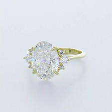 Side Stone Engagement Ring 18K Gold Vintage 3.37 CT Oval Lab-Grown Diamond H VS1