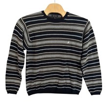 Nautica Mens Striped Crewneck Sweater Navy Blue Grey Cotton Knit Pullover Large