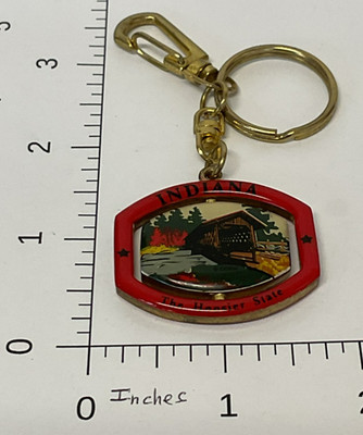 VINTAGE INDIANA THE HOOSIER STATE COVERED BRIDGE SPINNER KEY RING CHAIN