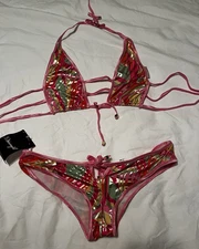 Dreamgirl Sexy Lingerie Strappy 2 Piece Bikini Set Shimmery Neon Medium New