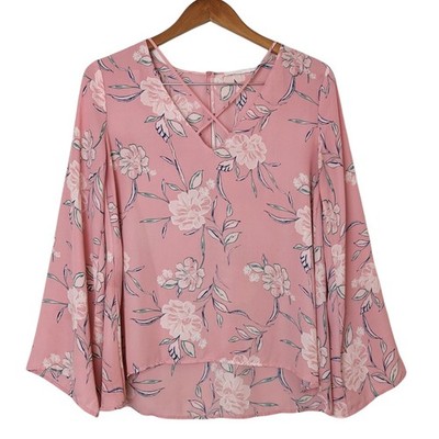 LUSH Pink Floral Crossover Chiffon Blouse Size Small
