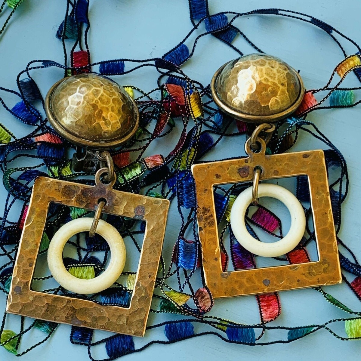 Mid Century Modern Copper & Plastic Dangling Earrings View 4