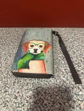 Puppy With Glasses Wallet Credit Cards Coins Wristlet Zip Around