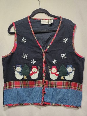 EBasics Editions Holiday Christmas Snowman Button Up Vest Plaid Piping  Large