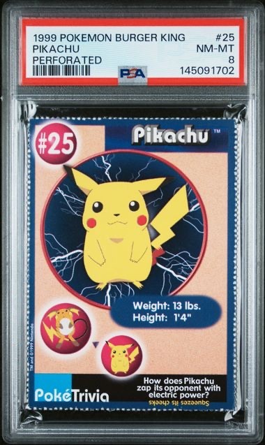 1999 NINTENDO POKEMON BURGER KING CARDS #25 PIKACHU PERFORATED PSA 8