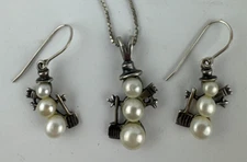 Silpada Necklace & Earring Set Genuine Pearl Snowman 925 Sterling Silver Signed