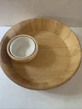 Crate & Barrel Round Wood Chip & Dip Server 14” with Ceramic Bowl Insert