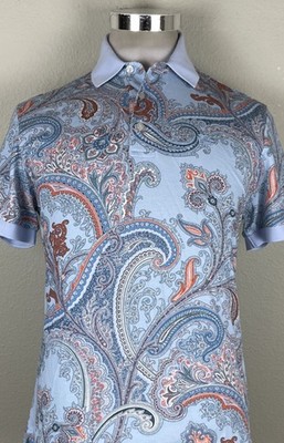 ETRO Milano Paisley Floral Print Piqué Polo Shirt Blue Multicolor Size Medium