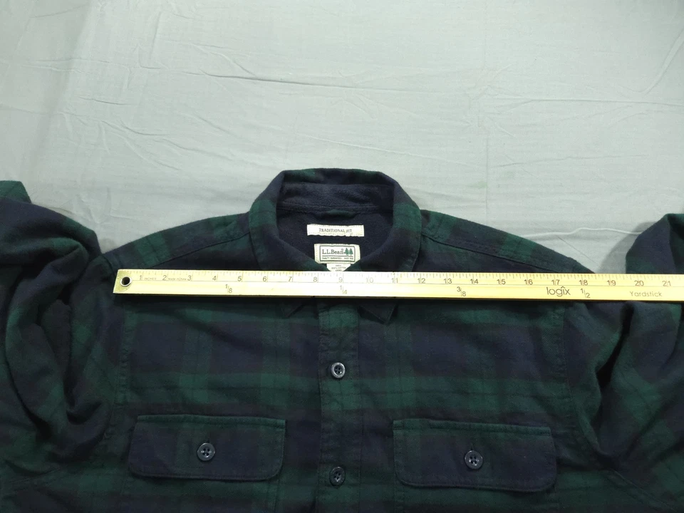 Camisa LL Bean Para Hombres Mediana Franela Verde Cuadros Tradicional Vellón Reloj Negro Foto 4 de 4