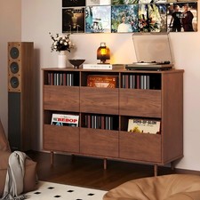 2-Tier Large Record Player Stand Media Console with Semi-Enclosed Vinyl Storage