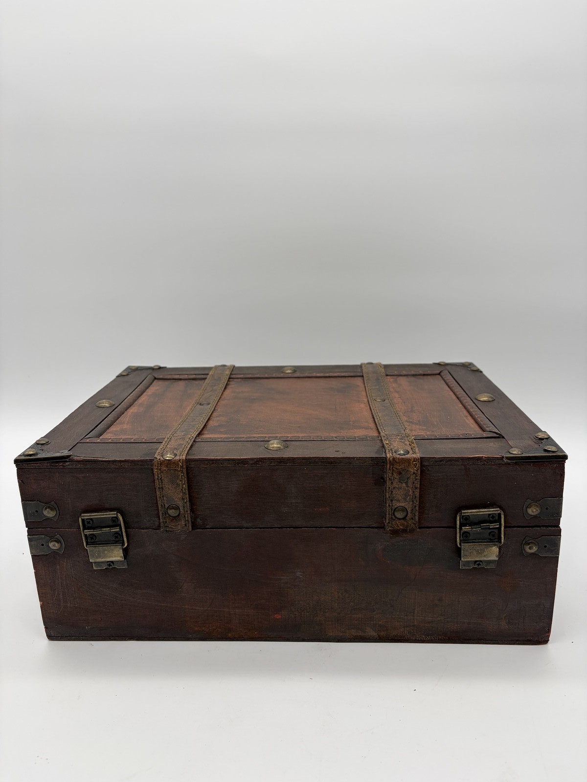 Vintage Style Wooden Decorative Suitcase Box Faux Leather Straps Handle Decor