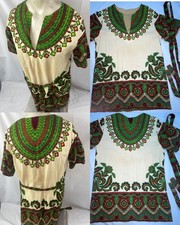 VTG 70S MENS WOMENS M BOHO HIPPIE ETHNIC AFRICAN DASHIKI BELTED TIE LINED SHIRT