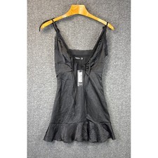 NWT Nasty Gal Black Satin Lace Trim Tie Front Sexy Mini Slip Dress Size 2 Party
