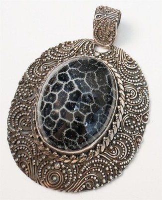 Sarda Artisan Bali Black Coral Huge Granulated Bead Sterling Silver Pendant