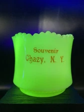 Custard Vaseline Glass Chazy New York Souvenir Toothpick Holder Glows