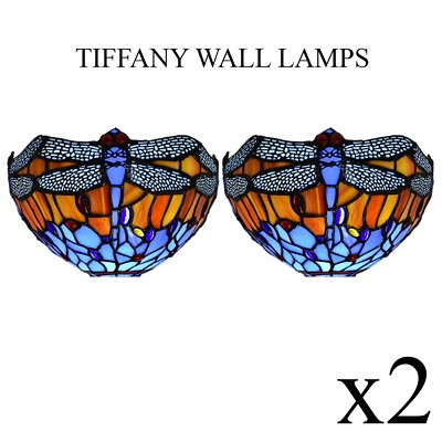 Paar 2 Tiffany Libelle Stil Buntglas Wandleuchte Handarbeit Kunst Lampe