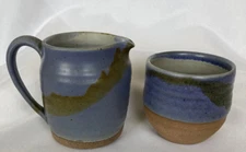 Handcrafted Pottery Creamer Pitcher & Open Sugar Bowl Set Blue Glaze Clay