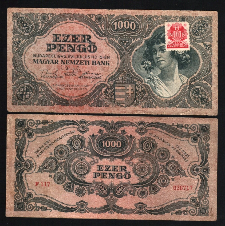 Hungary 1000 PENGO P-118 1945 With additional Stamp affixed Hungarian Money NOTE - Image 3 of 3