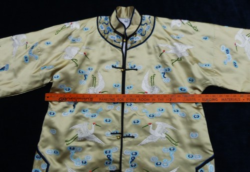 Vintage 60's Chinese hand embroidery 25 cranea w fortune clouds pattern brass bu - Picture 12 of 15