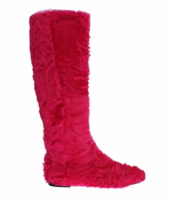 DOLCE & GABBANA Shoes Pink Lamb Fur Leather Flat Boots EU38 / US7