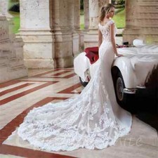 Gorgeous Mermaid Wedding Dress V Neck Bridal Gown Lace Applique Long Sweep Train