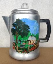 Vintage Hand Painted Percolator Coffee Pot Folk Art Country Scene Signed 5354
