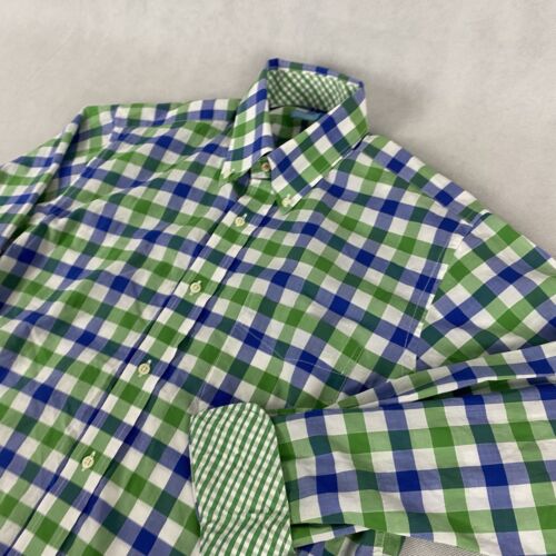 J McLaughlin Button Down Shirt Men's M Green Blue Check 100% Cotton Flip Cuff - Picture 1 of 15
