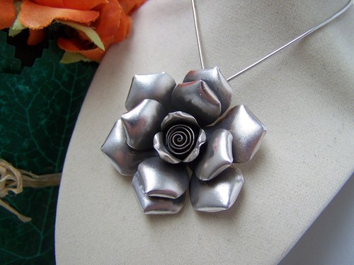 HERVORRAGENDE MASSIVE STERLINGSILBER GROSSE MODERNISTISCHE ROSE ANHÄNGER 17" KETTENHALSKETTE - Bild 6 von 15