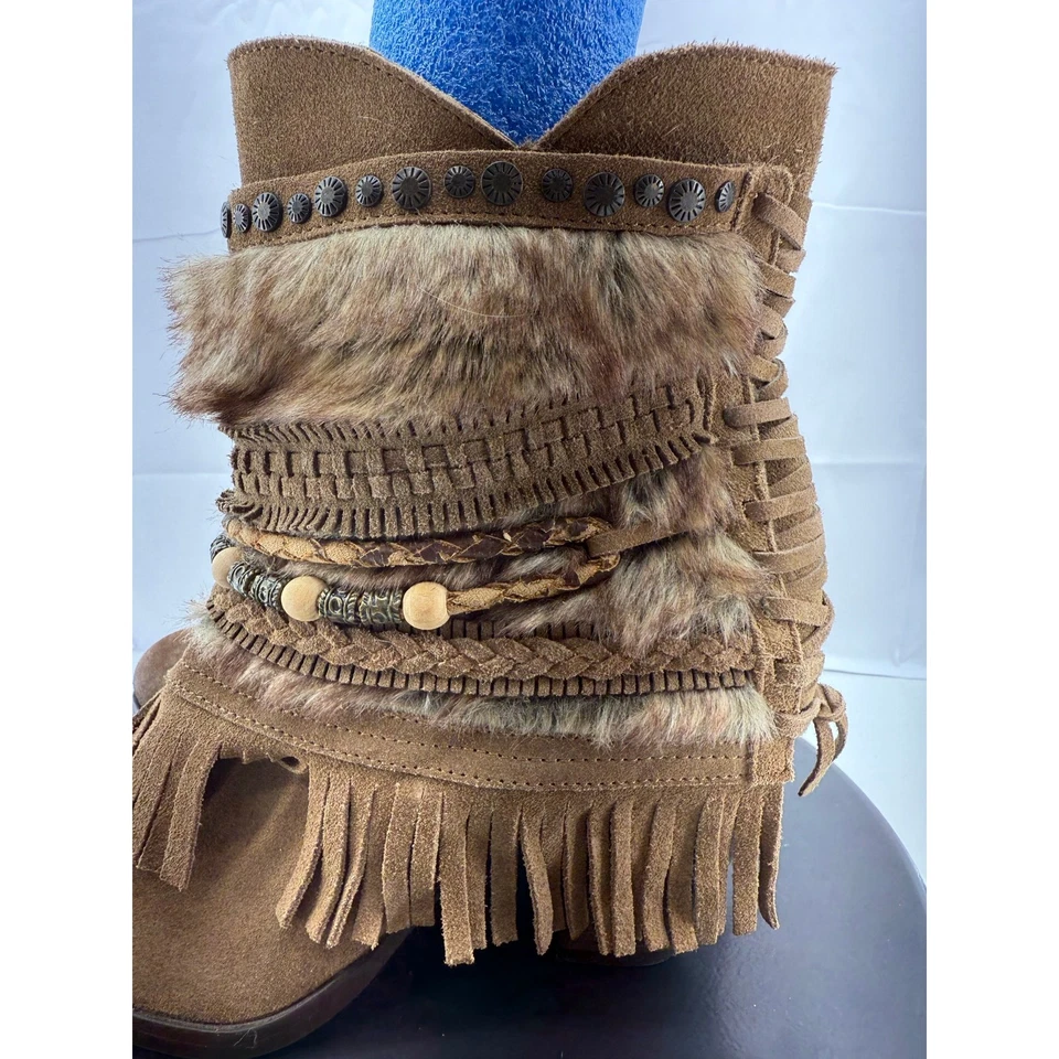 Naughty Monkey Womens Size 7 Brown Suede Fringe Stud Boho Faux Fur Ankle Boots - Image 4 of 4