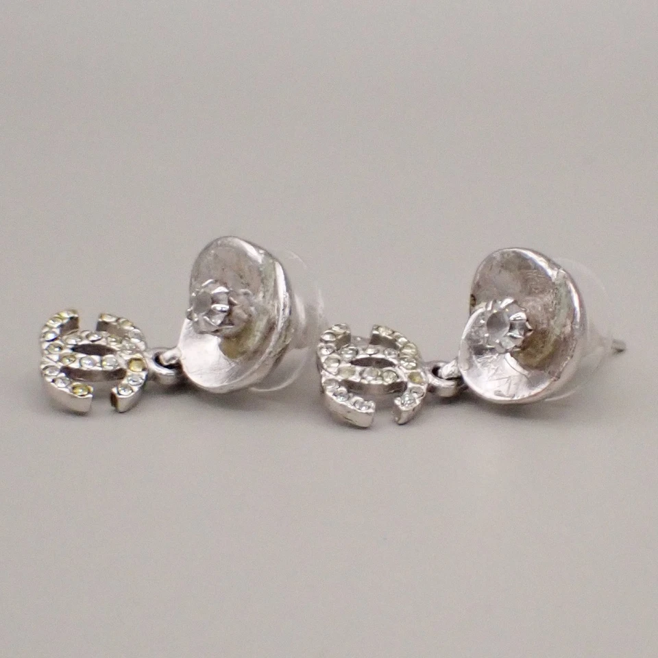 CHANEL CC Logo Rhinestone Camelia Piercing Earring 04P Silver France 38RF516 - Image 2 of 4