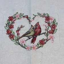 COMPLETED Two Cardinals on Limb Inside Floral Heart Flowers Ready to Frame