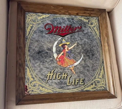 Vintage 1984 Miller High Life Girl In The Moon Bar Mirror Wood Frame Beer Sign